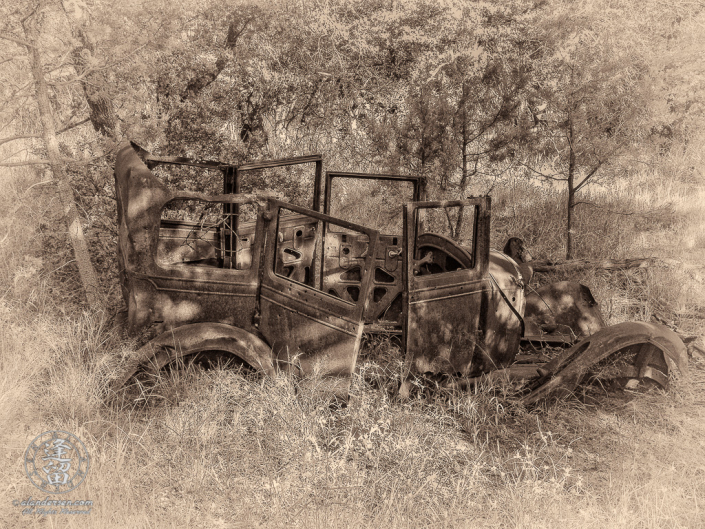 Old rusted car abandoned in Brown Canyon woods.