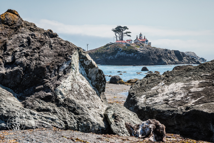 Battery Point Lighthouse seen from road-side beach at Crescent City in Northern California.