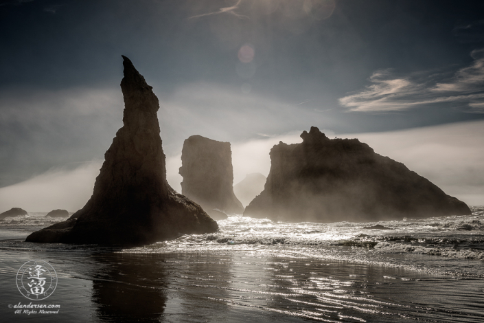 Misty late afternoon on Bandon Beach near Wizard's Hat on the Oregon Coast.