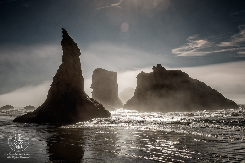 Misty late afternoon on Bandon Beach near Wizard's Hat on the Oregon Coast.