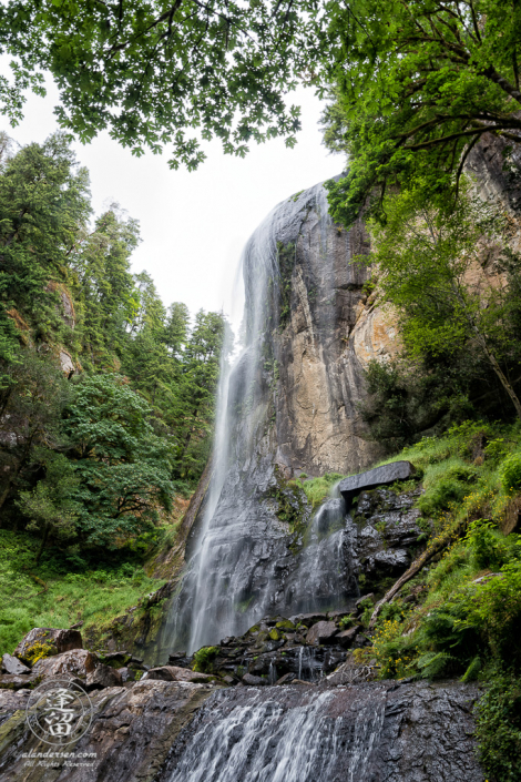 Scenic view from the bottom of Silver Falls, at Golden and Silver Falls State Natural Area near Allegany in Oregon.