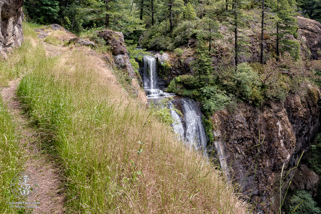 Last leg of trail to top of Golden Falls at Golden and Silver Falls State Natural Area near Allegany in Oregon.