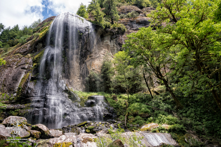 Scenic view from the bottom of Silver Falls, at Golden and Silver Falls State Natural Area near Allegany in Oregon.