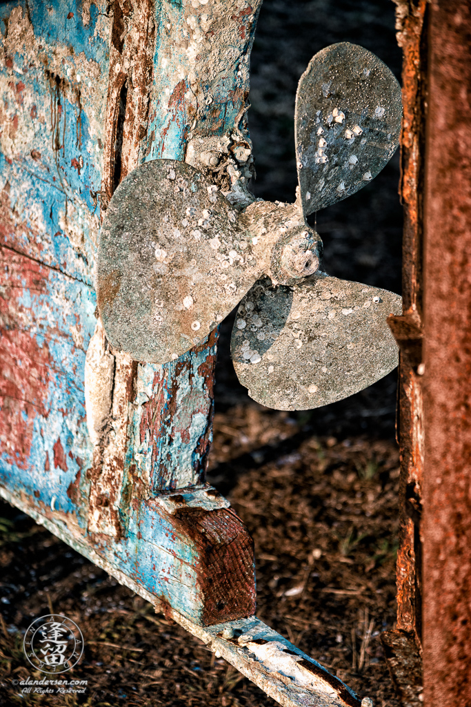 An old rusted and rotted boat (the Pisces) in dry dock on Starfish Way, by the Marina at Crescent City in Northern California.