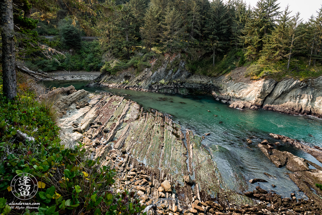 A scenic view from atop the cliffs above Norton Gulch, next to Sunset Bay State Park in Oregon.