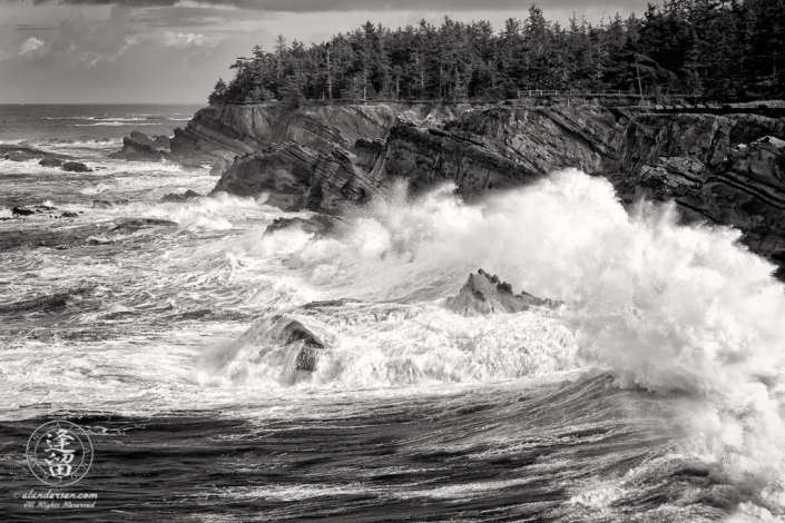 Waves pound the cliffs at Shore Acres State Park outside of Charleston in Oregon.