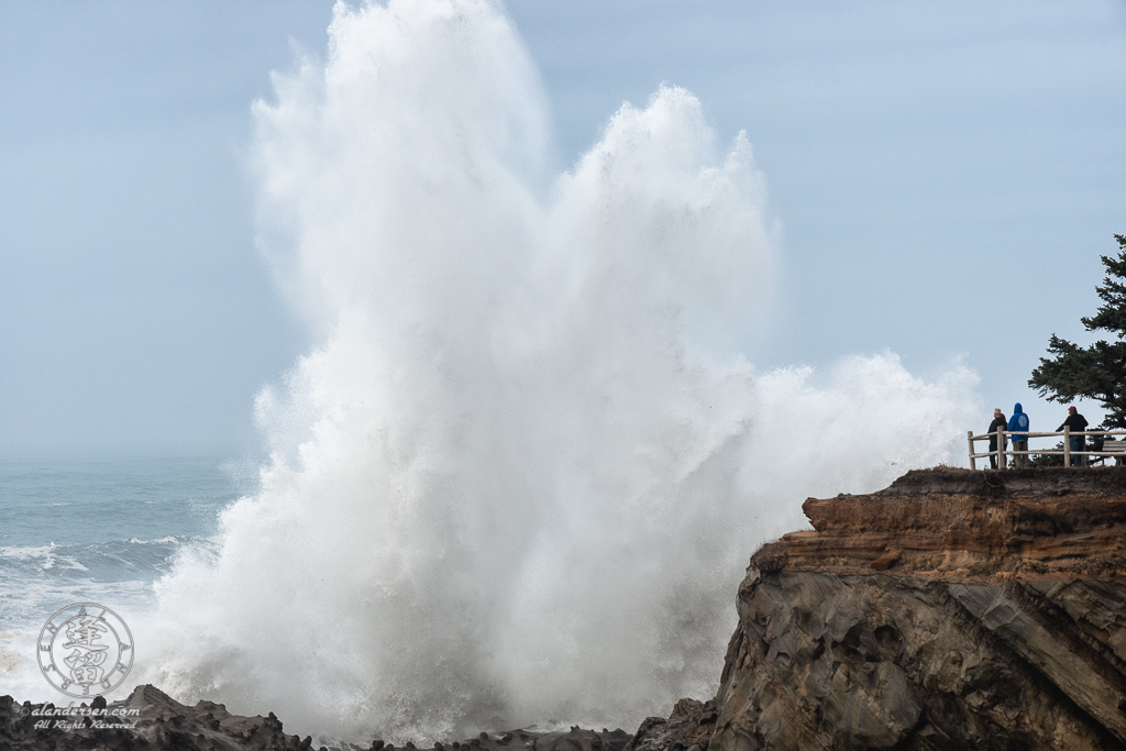 Massive waves pound the cliffs at Shore Acres State Park outside of Charleston in Oregon.