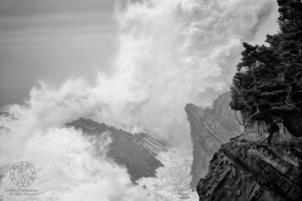 Massive waves pound the cliffs at Shore Acres State Park outside of Charleston in Oregon.