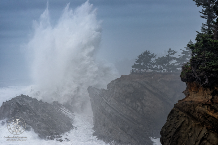 Massive waves pound the cliffs at Shore Acres State Park outside of Charleston in Oregon.