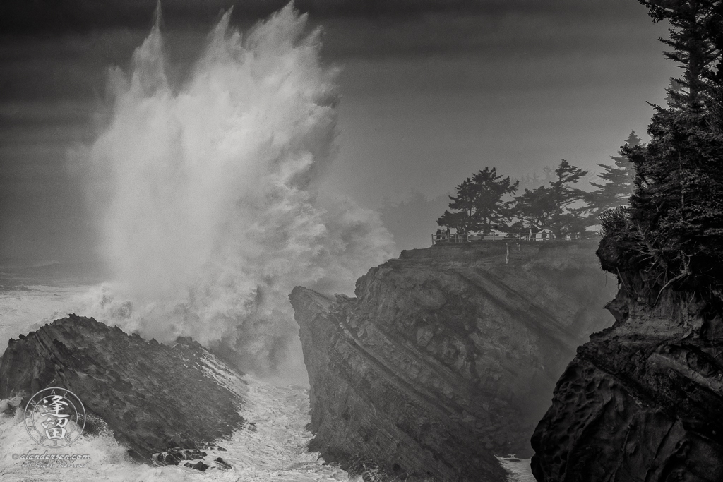 Massive waves pound the cliffs at Shore Acres State Park outside of Charleston in Oregon.