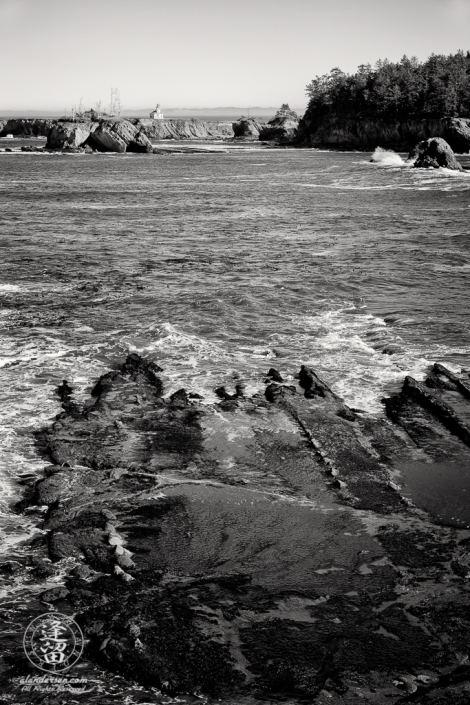 Cape Arago Lighthouse as seen from atop the cliffs near Norton Gulch at Cape Arago in Oregon.